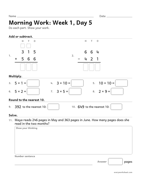 Preview of the printable “Morning Work: week 1, day 5” worksheet: mixed 3rd grade math review