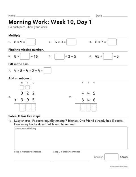 Preview of the printable “Morning Work: week 10, day 1” worksheet: mixed 3rd grade math review