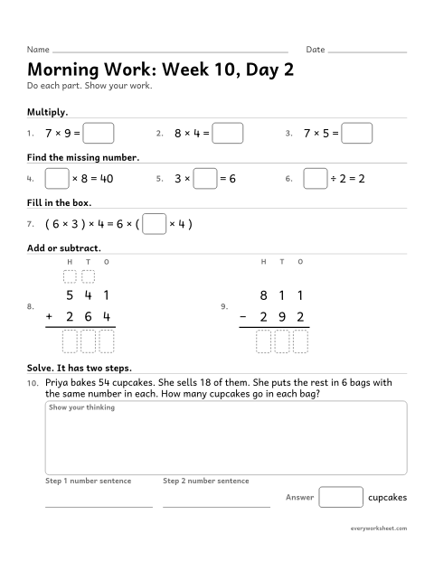 Preview of the printable “Morning Work: week 10, day 2” worksheet: mixed 3rd grade math review