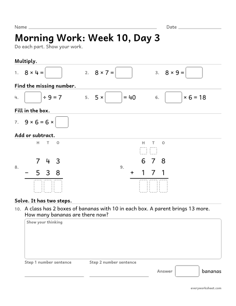 Preview of the printable “Morning Work: week 10, day 3” worksheet: mixed 3rd grade math review