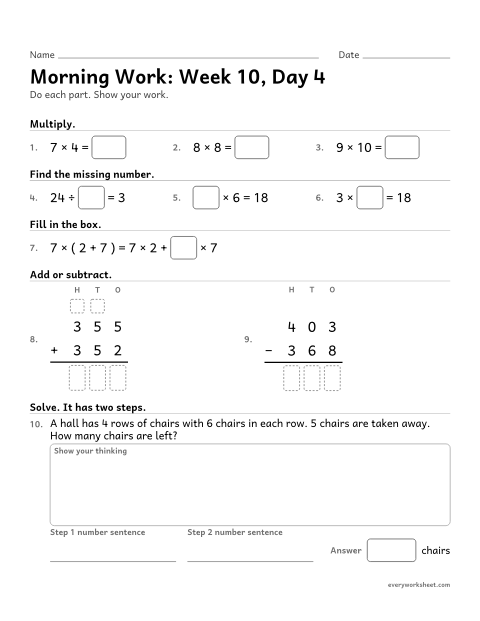 Preview of the printable “Morning Work: week 10, day 4” worksheet: mixed 3rd grade math review