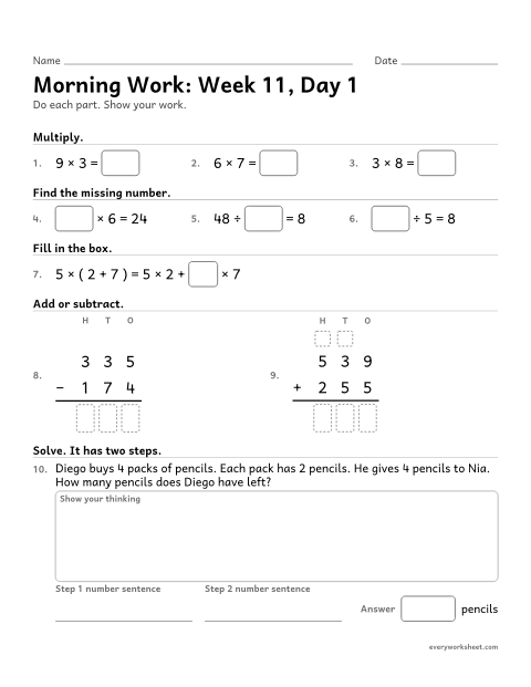 Preview of the printable “Morning Work: week 11, day 1” worksheet: mixed 3rd grade math review