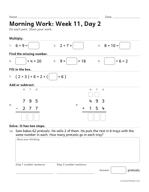 Preview of the printable “Morning Work: week 11, day 2” worksheet: mixed 3rd grade math review