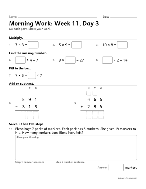 Preview of the printable “Morning Work: week 11, day 3” worksheet: mixed 3rd grade math review