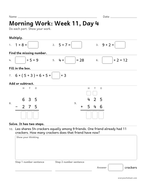 Preview of the printable “Morning Work: week 11, day 4” worksheet: mixed 3rd grade math review
