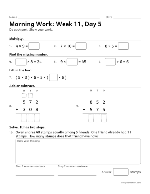Preview of the printable “Morning Work: week 11, day 5” worksheet: mixed 3rd grade math review