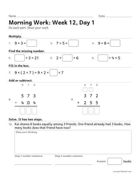 Preview of the printable “Morning Work: week 12, day 1” worksheet: mixed 3rd grade math review