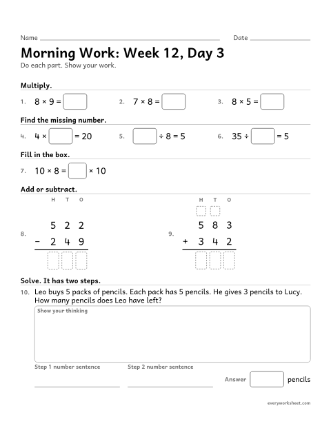 Preview of the printable “Morning Work: week 12, day 3” worksheet: mixed 3rd grade math review