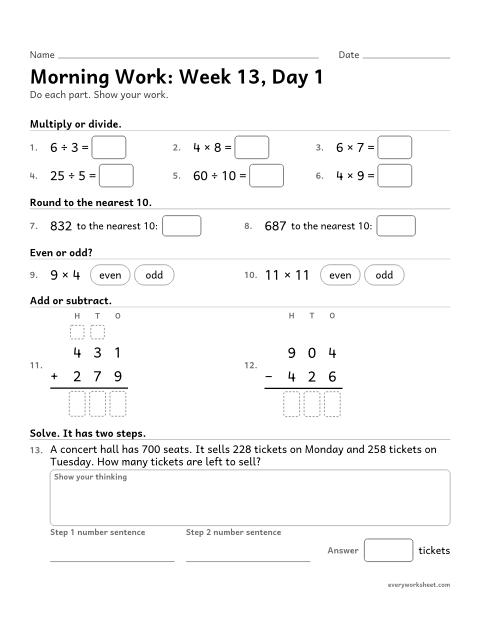 Preview of the printable “Morning Work: week 13, day 1” worksheet: mixed 3rd grade math review