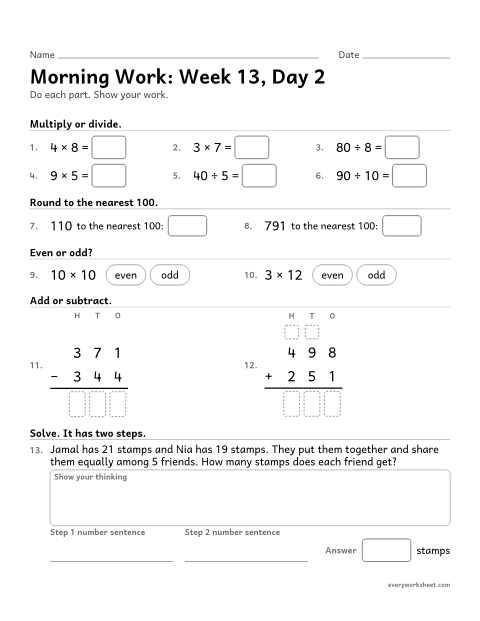 Preview of the printable “Morning Work: week 13, day 2” worksheet: mixed 3rd grade math review
