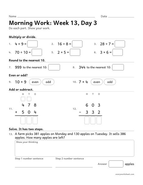Preview of the printable “Morning Work: week 13, day 3” worksheet: mixed 3rd grade math review