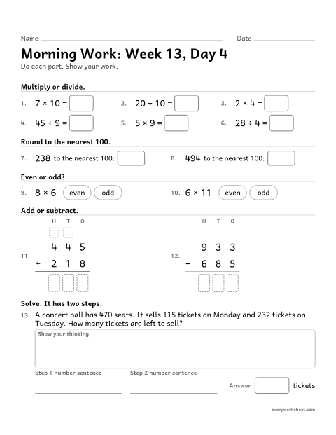Preview of the printable “Morning Work: week 13, day 4” worksheet: mixed 3rd grade math review