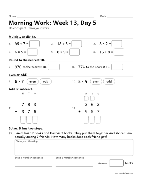 Preview of the printable “Morning Work: week 13, day 5” worksheet: mixed 3rd grade math review