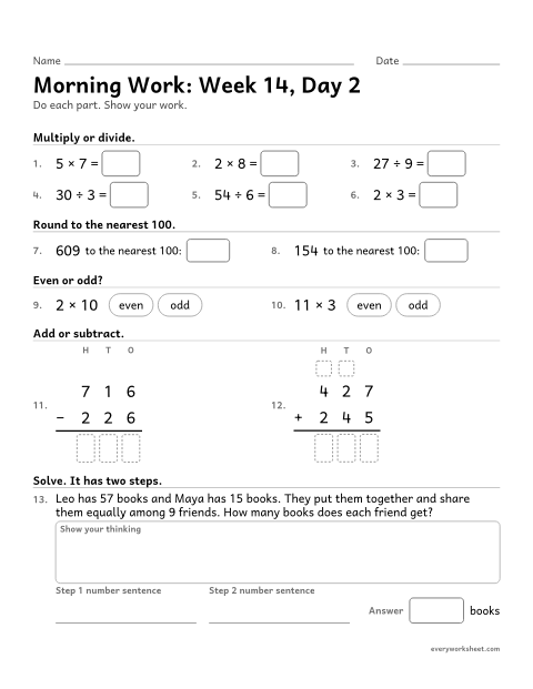 Preview of the printable “Morning Work: week 14, day 2” worksheet: mixed 3rd grade math review