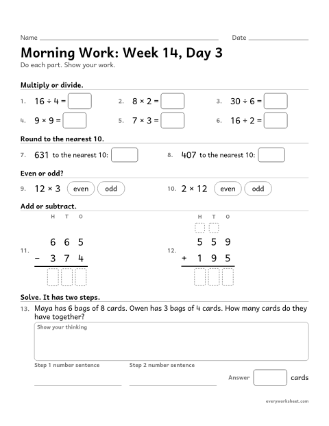 Preview of the printable “Morning Work: week 14, day 3” worksheet: mixed 3rd grade math review