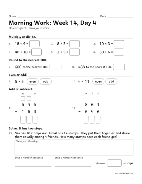 Preview of the printable “Morning Work: week 14, day 4” worksheet: mixed 3rd grade math review