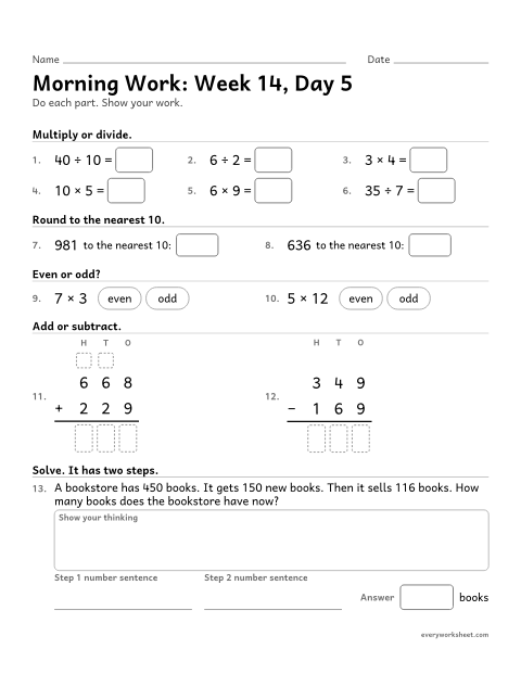 Preview of the printable “Morning Work: week 14, day 5” worksheet: mixed 3rd grade math review