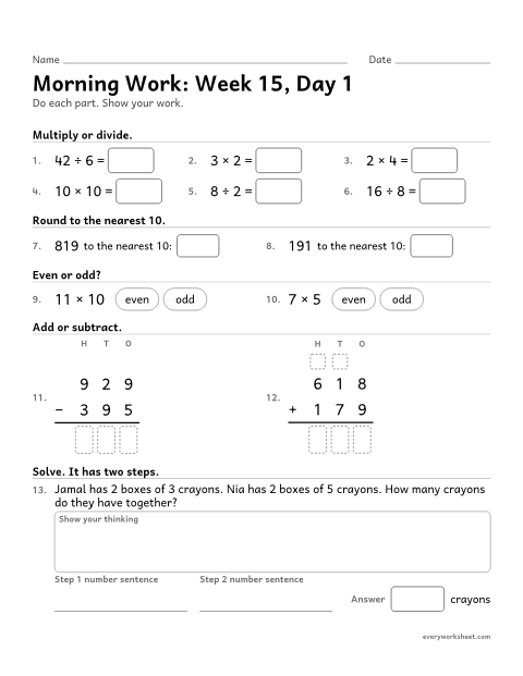 Preview of the printable “Morning Work: week 15, day 1” worksheet: mixed 3rd grade math review