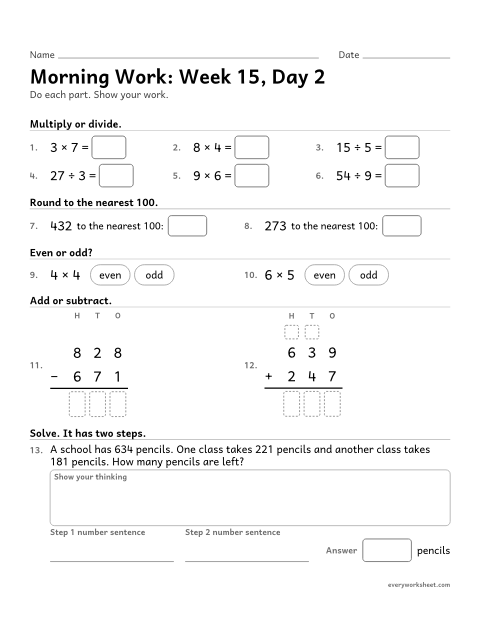 Preview of the printable “Morning Work: week 15, day 2” worksheet: mixed 3rd grade math review