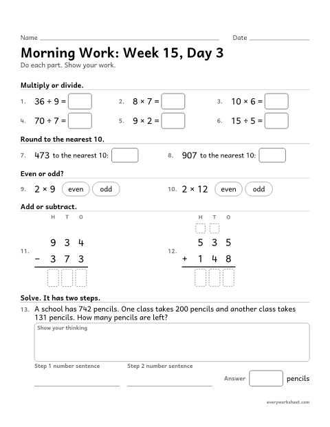 Preview of the printable “Morning Work: week 15, day 3” worksheet: mixed 3rd grade math review