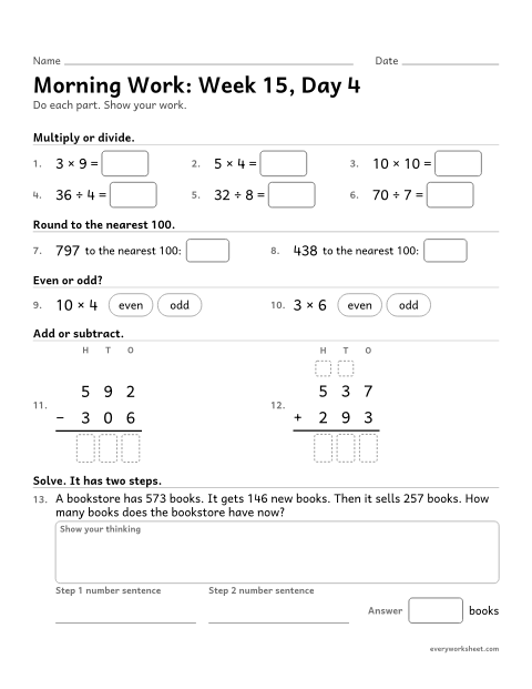 Preview of the printable “Morning Work: week 15, day 4” worksheet: mixed 3rd grade math review
