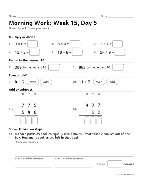 Preview of the printable “Morning Work: week 15, day 5” worksheet: mixed 3rd grade math review