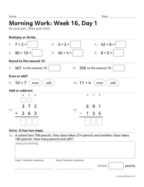 Preview of the printable “Morning Work: week 16, day 1” worksheet: mixed 3rd grade math review