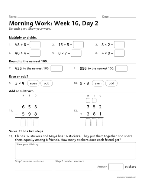 Preview of the printable “Morning Work: week 16, day 2” worksheet: mixed 3rd grade math review