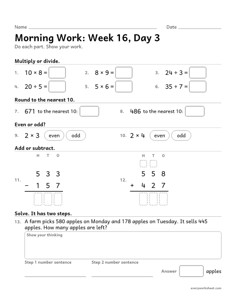 Preview of the printable “Morning Work: week 16, day 3” worksheet: mixed 3rd grade math review