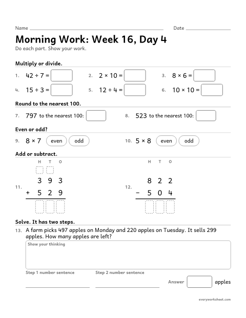 Preview of the printable “Morning Work: week 16, day 4” worksheet: mixed 3rd grade math review