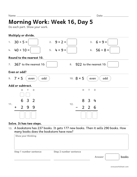 Preview of the printable “Morning Work: week 16, day 5” worksheet: mixed 3rd grade math review