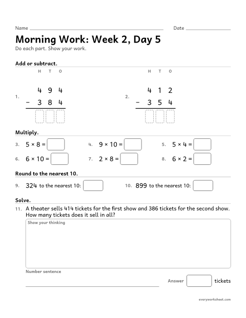 Preview of the printable “Morning Work: week 2, day 5” worksheet: mixed 3rd grade math review