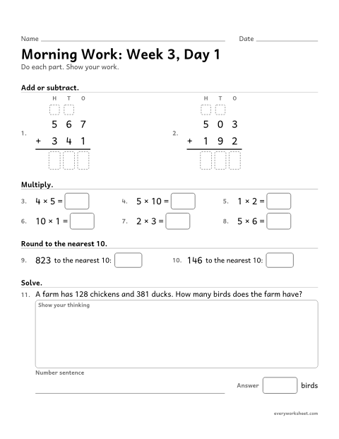 Preview of the printable “Morning Work: week 3, day 1” worksheet: mixed 3rd grade math review