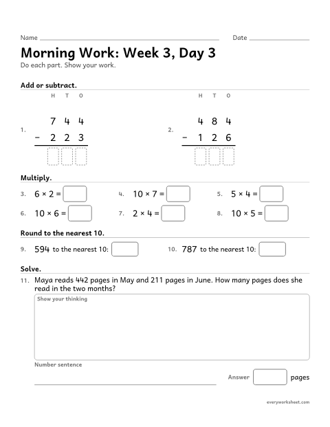 Preview of the printable “Morning Work: week 3, day 3” worksheet: mixed 3rd grade math review