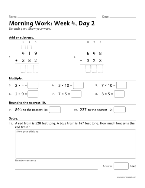 Preview of the printable “Morning Work: week 4, day 2” worksheet: mixed 3rd grade math review