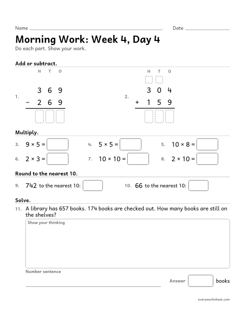 Preview of the printable “Morning Work: week 4, day 4” worksheet: mixed 3rd grade math review