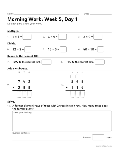 Preview of the printable “Morning Work: week 5, day 1” worksheet: mixed 3rd grade math review