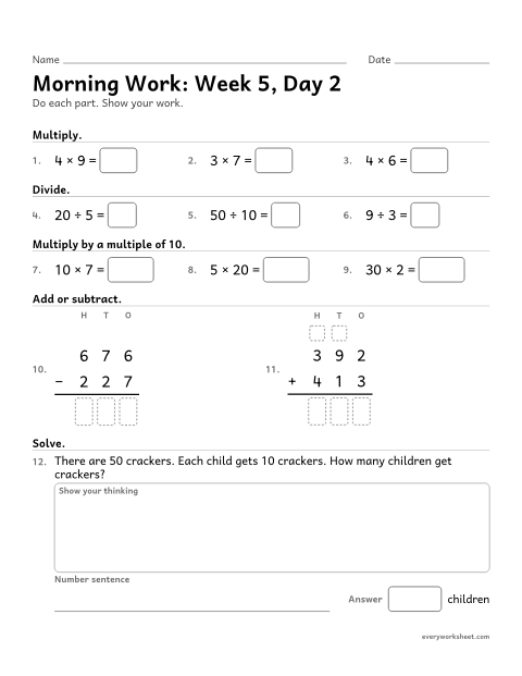 Preview of the printable “Morning Work: week 5, day 2” worksheet: mixed 3rd grade math review