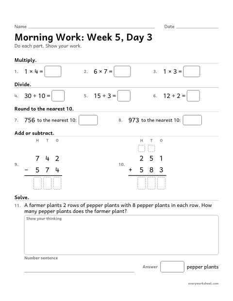Preview of the printable “Morning Work: week 5, day 3” worksheet: mixed 3rd grade math review