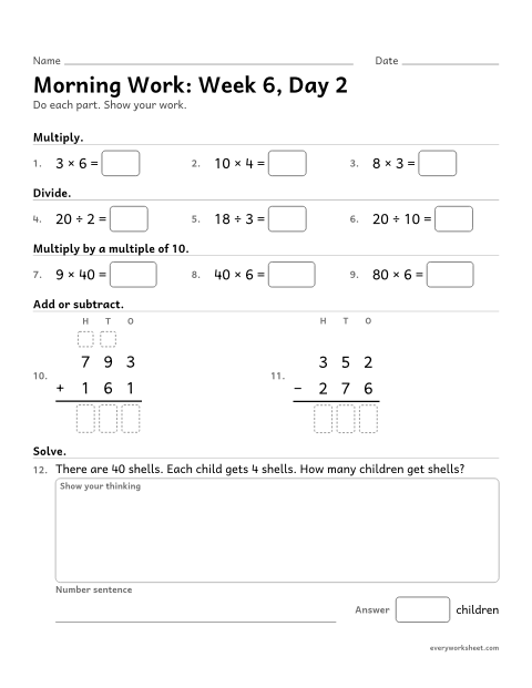 Preview of the printable “Morning Work: week 6, day 2” worksheet: mixed 3rd grade math review