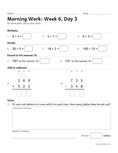 Preview of the printable “Morning Work: week 6, day 3” worksheet: mixed 3rd grade math review