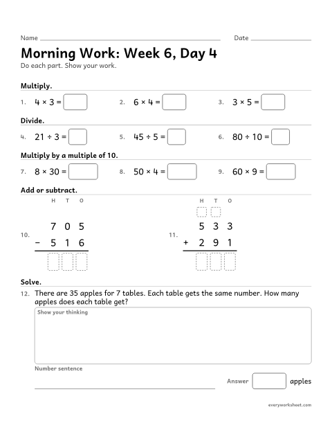 Preview of the printable “Morning Work: week 6, day 4” worksheet: mixed 3rd grade math review