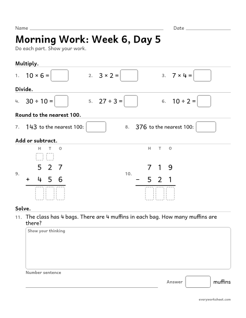 Preview of the printable “Morning Work: week 6, day 5” worksheet: mixed 3rd grade math review