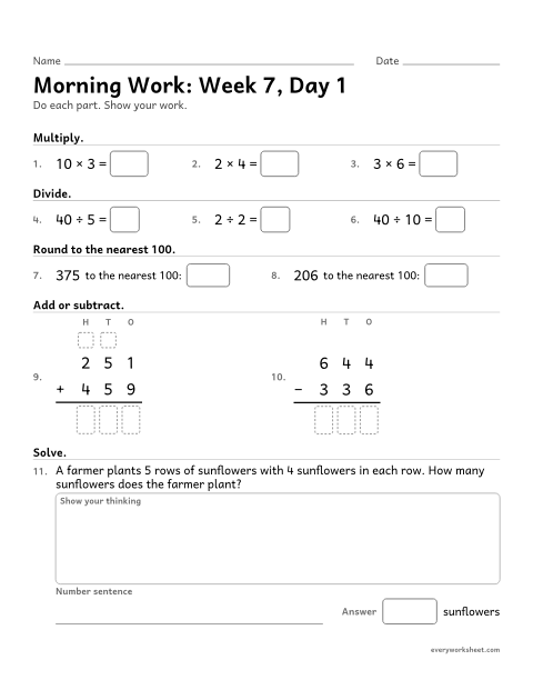 Preview of the printable “Morning Work: week 7, day 1” worksheet: mixed 3rd grade math review