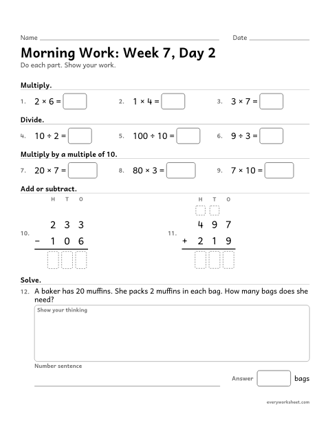 Preview of the printable “Morning Work: week 7, day 2” worksheet: mixed 3rd grade math review