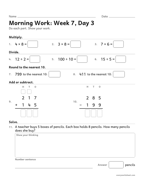 Preview of the printable “Morning Work: week 7, day 3” worksheet: mixed 3rd grade math review