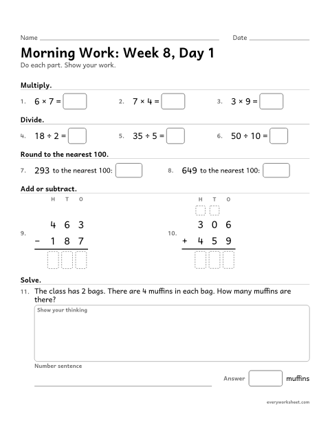 Preview of the printable “Morning Work: week 8, day 1” worksheet: mixed 3rd grade math review