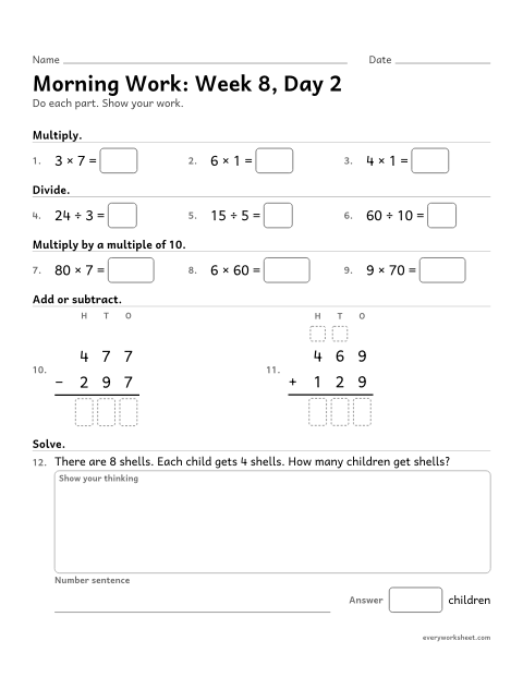 Preview of the printable “Morning Work: week 8, day 2” worksheet: mixed 3rd grade math review