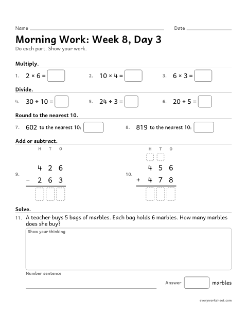 Preview of the printable “Morning Work: week 8, day 3” worksheet: mixed 3rd grade math review