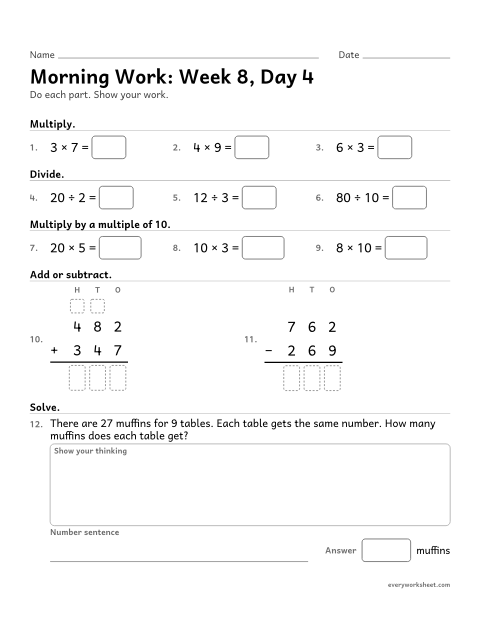 Preview of the printable “Morning Work: week 8, day 4” worksheet: mixed 3rd grade math review